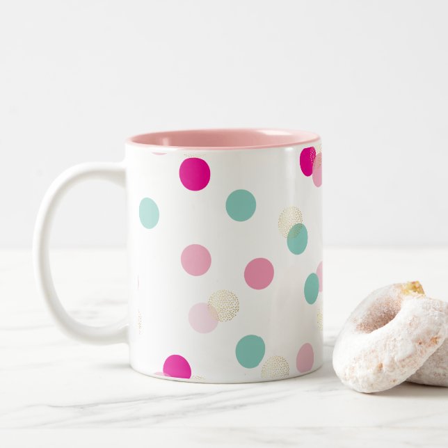 FUN CONFETTI SPOTS cute fun retro mint pink gold Two-Tone Coffee Mug (With Donut)