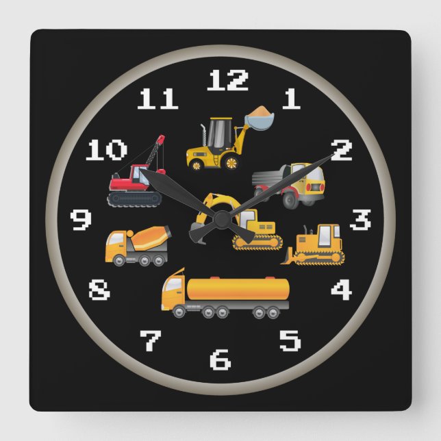 Fun Construction Vehicles Square Wall Clock (Front)