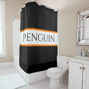 Fun Cool Black White Orange Stripes Penguin Text Shower Curtain
