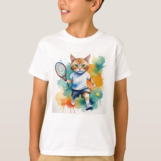 Fun Cool Cat Tennis Player  Animal Humour T-Shirt (Front)