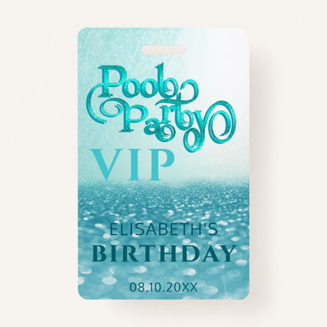 Fun cool glitter script pool party  VIP  Badge ID Badge (Front)