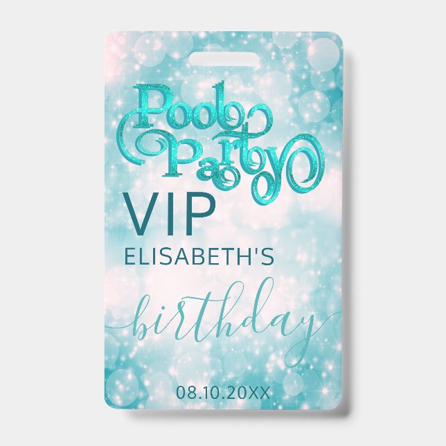 Fun cool glitter script pool party  VIP  Badge ID Badge (Front)