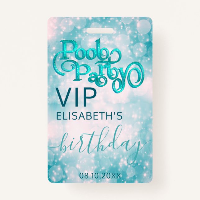 Fun cool glitter script pool party  VIP  Badge ID Badge (Front)