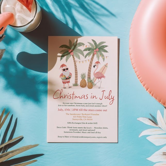 Fun Cool Tropical Santa Flamingo Christmas in July Invitation (Fun Cool Tropical Santa Flamingo Christmas in July Invitation)