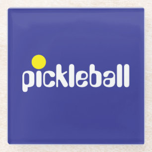 Fun Cool White Yellow PICKLEBALL On Deep Blue Glass Coaster