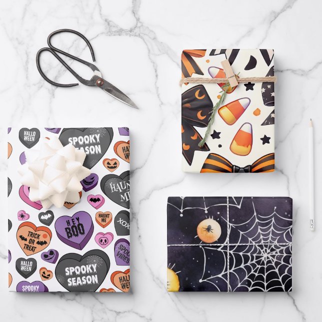 Fun coquette halloween bow candy heart spider web  wrapping paper sheet (Creator Uploaded)