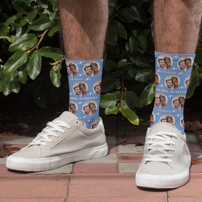 Fun Cornflower Blue Newlywed Couple Photo Pattern Socks (Creator Uploaded)