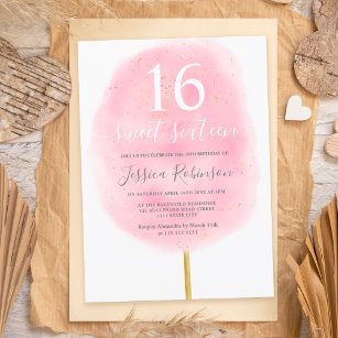 Fun cotton candy glitter pink watercolor sweet 16 invitation