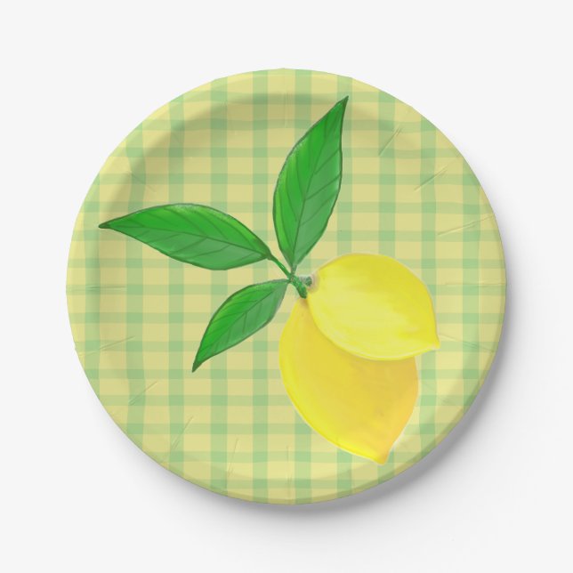 Fun Country Yellow Green Check Lemon  Paper Plate (Front)
