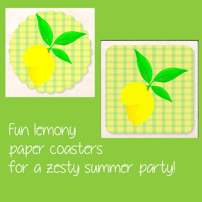 Fun Country Yellow Green Check Lemon  Square Paper Coaster (Make a great hostess gift!)