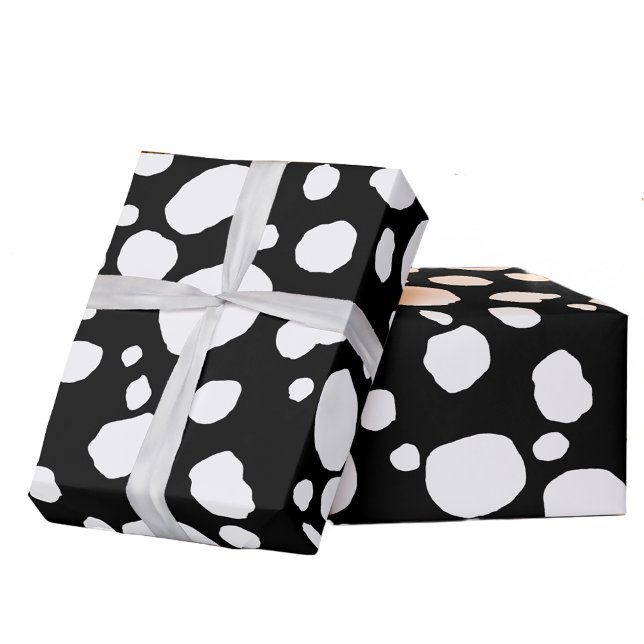 Fun Cow Print Western Spots Pattern Black White Wrapping Paper (Fun cow print Western gift wrap)