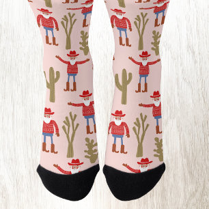 Fun Cowboy Santa Claus Western Christmas Pink Socks