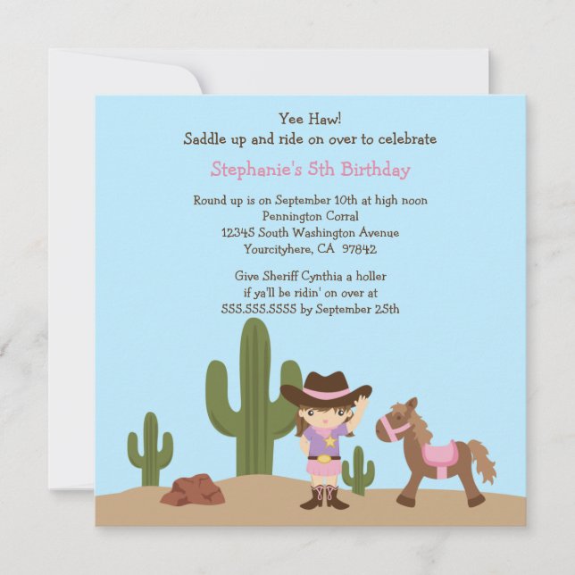 Fun cowgirl western girl birthday party invitation (Front)