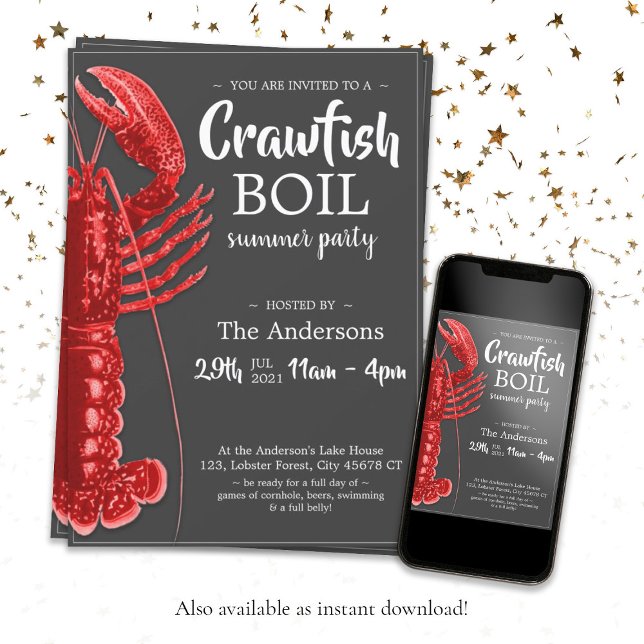 Fun Crawfish Boil Summer Party Dark Grey  Invitation (Fun Crawfish Boil Summer Party Dark Gray Invitation. Also available as instant download.)