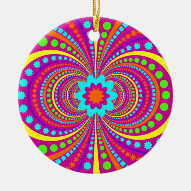Fun Crazy Pattern Hot Pink Orange Teal Ceramic Tree Decoration (Front)