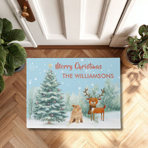 Fun Curious Cat and Stylish Reindeer Christmas  Doormat