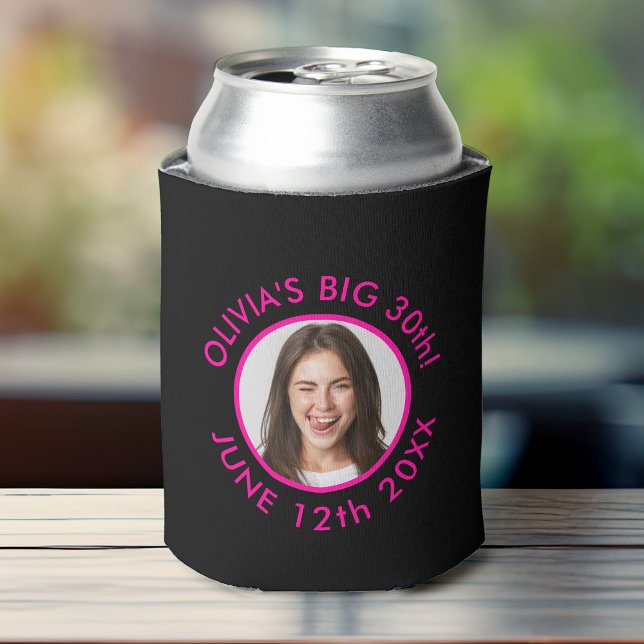 Fun Custom 30th Portrait 2 Photo Birthday Party  Can Cooler (Black birthday can cooler with a circular photo frame and custom surrounding text in pink.)