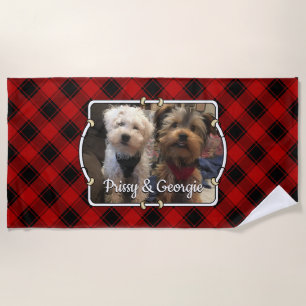 Fun Custom Christmas Red & Black Plaid Photo Frame Beach Towel