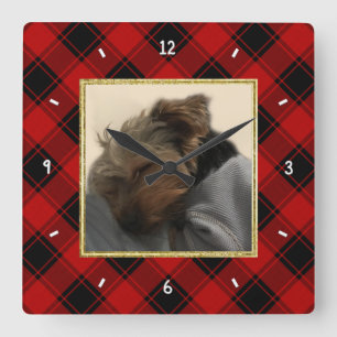 Fun Custom Christmas Red & Black Plaid Photo Frame Square Wall Clock