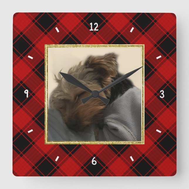 Fun Custom Christmas Red & Black Plaid Photo Frame Square Wall Clock (Front)