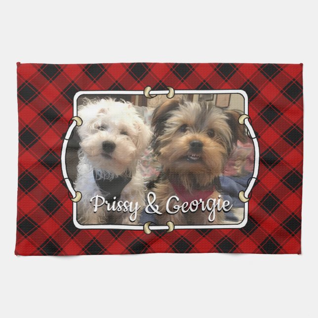 Fun Custom Christmas Red & Black Plaid Photo Frame Tea Towel (Horizontal)