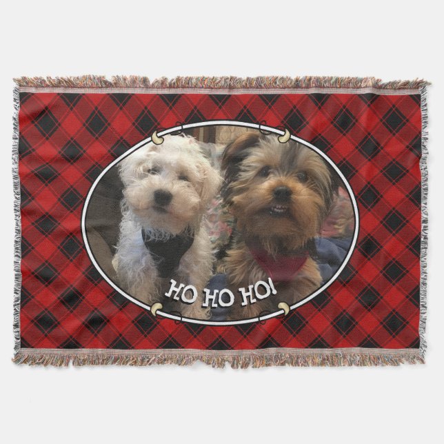Fun Custom Christmas Red & Black Plaid Photo Frame Throw Blanket (Front)