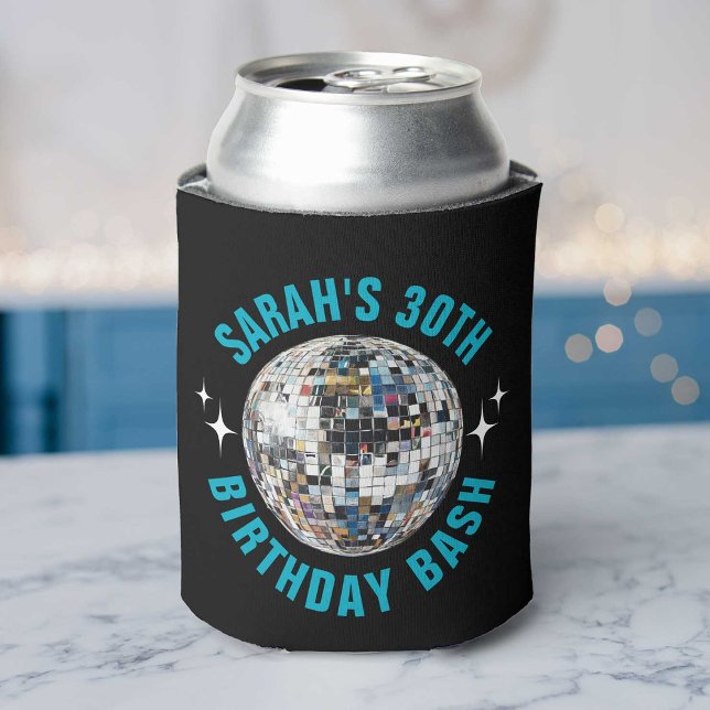 Fun Custom Disco Ball 30th Birthday Favour Can Cooler (Colorful can cooler featuring a disco ball design, perfect for a fun 30th birthday celebration.)