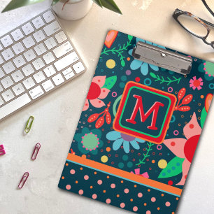 Fun Custom Flower Stripe Colourful Teacher Initial Clipboard