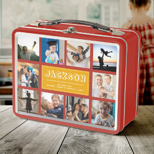 Fun Custom Kids Name Family Photo Collage Yellow Metal Lunch Box