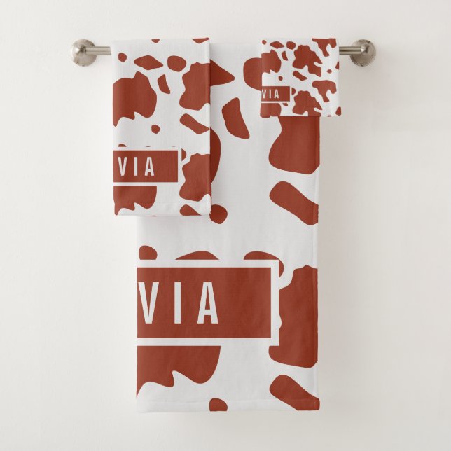 Fun Custom Name Ayrshire Cow Animal Print Pattern Bath Towel Set (Insitu)