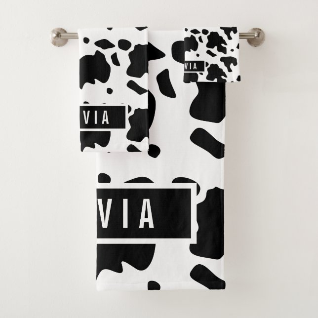 Fun Custom Name Holstein Cow Animal Print Pattern Bath Towel Set (Insitu)