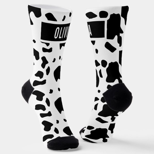 Fun Custom Name Holstein Cow Animal Print Pattern Socks (Angled)