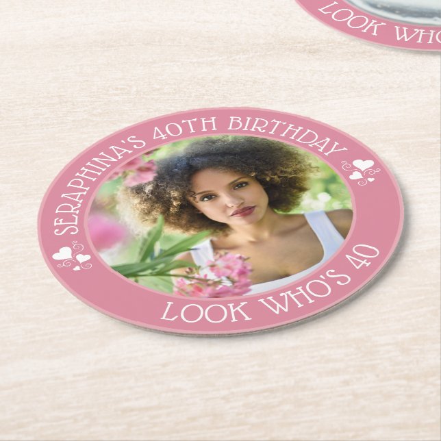 Fun Custom Photo 40th Birthday Party Favour Round Paper Coaster (Angled)