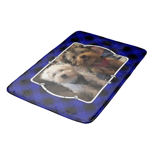 Fun Custom Photo Frame Classic Blue & Black Plaid Bath Mat (Angled)