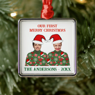 Fun Custom Photo Our First Christmas Ugly Sweater Metal Ornament