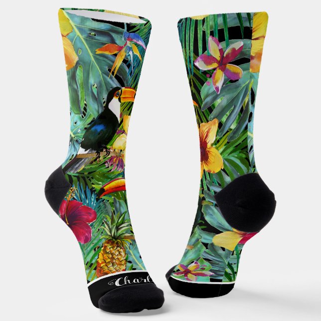 Fun Custom Tropical Floral Toucans on Black Socks (Angled)