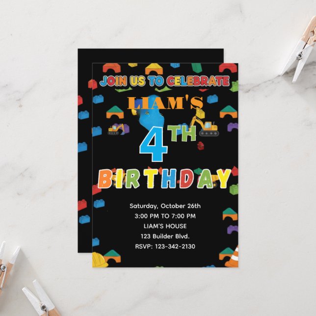 Fun Customizable Construction Birthday Invitation (Front/Back In Situ)