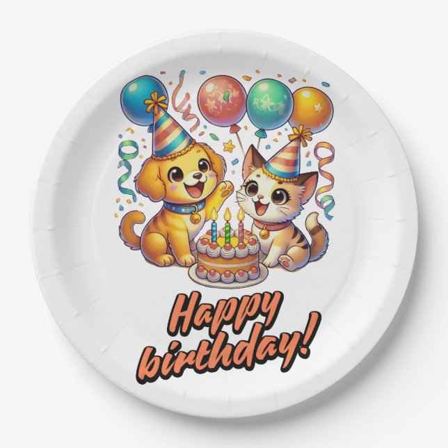 Fun & Cute Birthday Puppy & Kitten Party Paper Plate (Front)