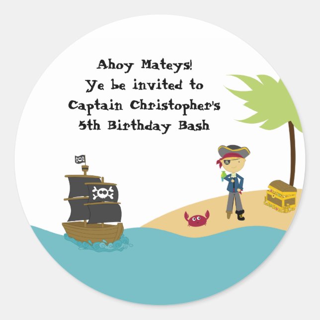 Fun cute boy's pirate birthday party stickers (Front)