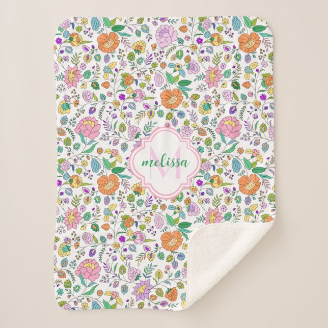 Fun Cute Colourful Floral Monogram Baby Girl Sherpa Blanket (Front)