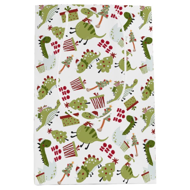 Fun Cute Dinosaurs Presents Tree Pattern Christmas Medium Gift Bag (Front)