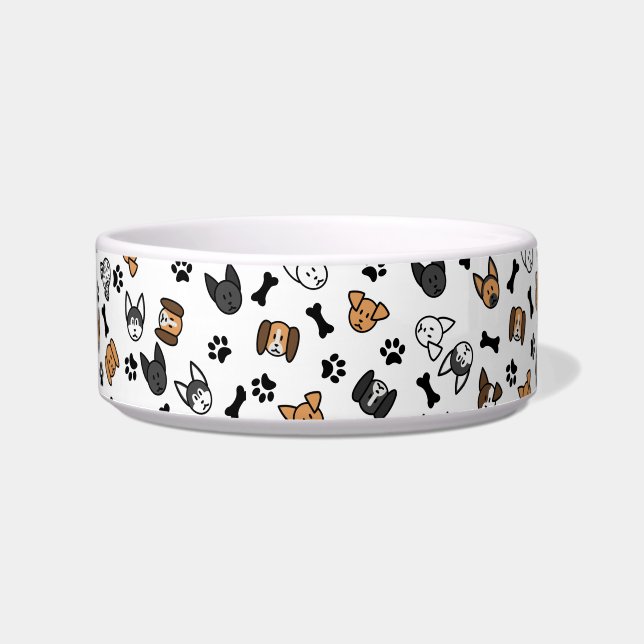 Fun Cute Dog Breeds with Bones and Paw Prints Bowl (Front)