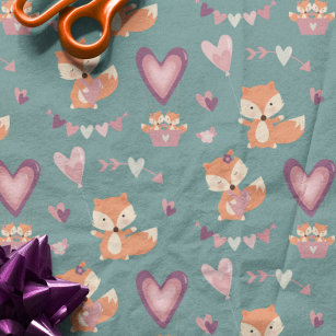 Fun Cute Fox Hearts Valentine's Day Wrapping Paper