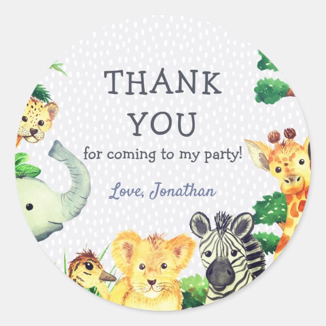 Fun Cute Jungle Animals Vibrant Thank You Birthday Classic Round Sticker (Front)