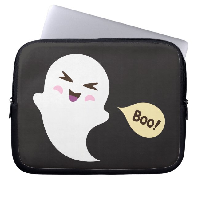 Fun cute kawaii cartoon ghost saying boo laptop sleeve (Front)