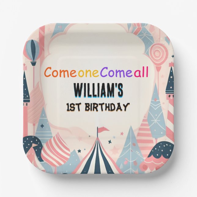fun cute kids Carnival Circus Show 1st Birthday Paper Plate (Front)