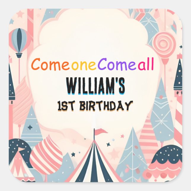 fun cute kids Carnival Circus Show 1st Birthday Square Sticker (Front)