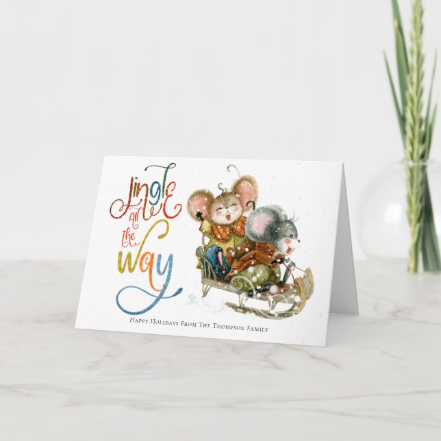 Fun Cute Mice Sleigh Jingle All The Way Glitter Holiday Card (Front)