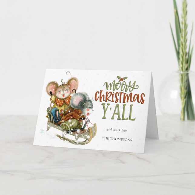 Fun Cute Mice Sleighing Merry Christmas Y'All Name Holiday Card (Front)