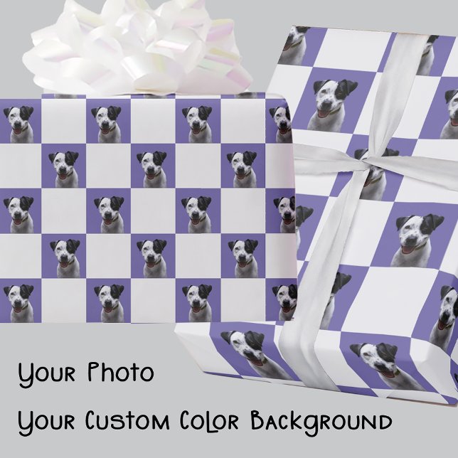 Fun Cute Photo Purple or Your Colour Dog Chequered Wrapping Paper (Creator Uploaded)